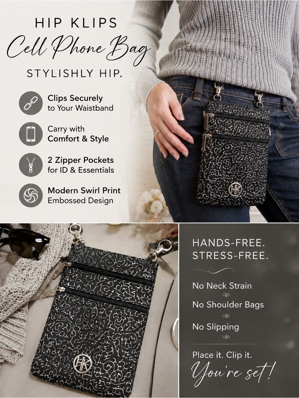Hip Klips cellβ phone bag / wallet 2 tone gray/silver paisley bag. Hands Free